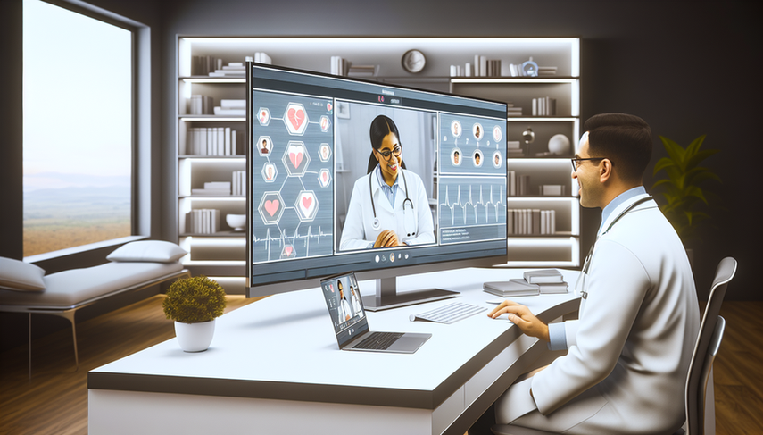 Modern medical office featuring a 40-year-old Hispanic doctor analyzing a telemedicine platform displaying AI-driven decision algorithms, including heart rate and blood pressure. He is conducting a teleconsultation via video call with a middle-aged Hispanic patient on his laptop. The setting showcases advanced technology and efficiency in virtual follow-up care.