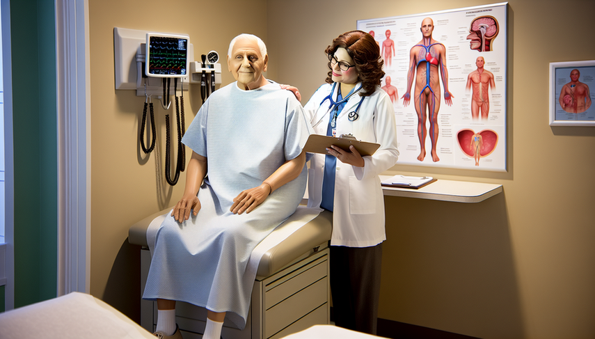 Consulta médica en una sala bien iluminada. Un paciente anciano, de aproximadamente 75 años, escucha atentamente a una doctora hispana de mediana edad que le explica algo con una expresión tranquilizadora. La doctora lleva una bata blanca y un estetoscopio, y sostiene un portapapeles. En la pared, hay un diagrama del sistema vascular humano, destacando la importancia del manejo oportuno en condiciones como la polimialgia reumática y la arteritis de células gigantes.
