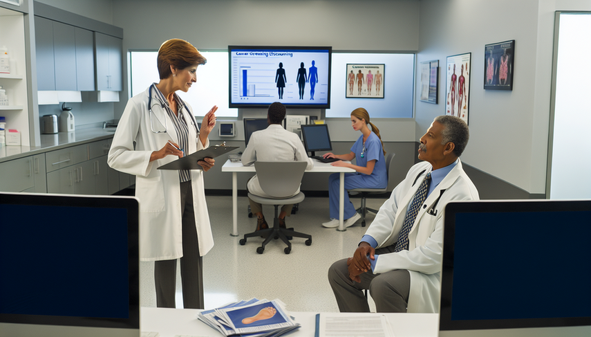A diverse group of healthcare professionals discusses cancer screening in a medical office. In the foreground, a Hispanic female doctor in her 40s points to cancer screening statistics on a digital screen, while an African American male doctor in his 50s listens attentively. In the background, a Caucasian female nurse in her 30s works on a computer next to brochures titled 'Cancer Screening.' The scene reflects a collaborative effort in the early detection of precancerous lesions through effective diagnostic tests.
