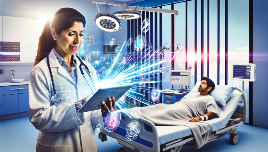 Doctora hispana de unos 40 años en una habitación de hospital moderna, revisando datos de pacientes en una tableta digital con visualizaciones complejas. El paciente hispano, de unos 30 años, está sentado en la cama, mostrando una expresión relajada. La escena resalta el uso de IA para predecir reacciones adversas y personalizar tratamientos, en un entorno de atención médica innovador.