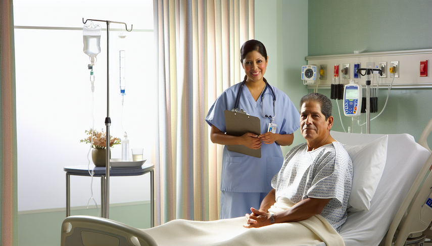 Well-lit hospital room with a Hispanic patient in his 60s sitting on the bed, surrounded by medical equipment. A Hispanic nurse in her 30s, wearing a uniform and stethoscope, is explaining something to the patient with a reassuring smile. The atmosphere reflects professionalism and care in the context of preoperative assessment and high-risk surgery, emphasizing the importance of multidisciplinary collaboration in perioperative management.