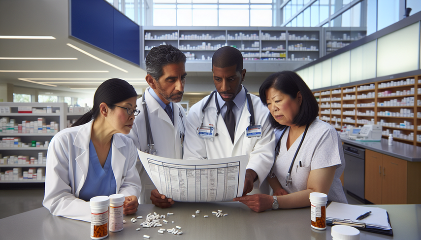 A diverse group of healthcare professionals in a modern hospital reviews a medical chart detailing antibiotic names and dosages. This includes a Hispanic physician, an Asian pharmacist, and an African American nurse, all collaborating to ensure safe antibiotic prescribing practices. The professional and focused environment highlights the importance of rational antibiotic use in combating bacterial resistance and adhering to treatment guidelines for infections.