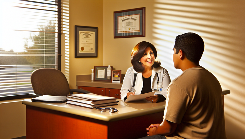 Welcoming medical office featuring a middle-aged Hispanic female doctor attentively listening to a young Hispanic patient. The patient holds a document, likely a treatment plan, emphasizing the importance of treatment adherence and therapeutic follow-up. The naturally lit office is adorned with medical books and a stethoscope on the desk. A framed certificate and a poster on healthy living are displayed on the wall, highlighting the significance of communication and trust in managing non-compliance and developing an effective action plan.