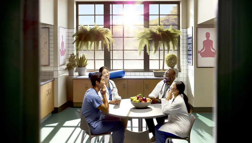 Hospital break room with diverse ethnic doctors engaging in relaxed conversation around a round table. Coffee cups and a bowl of fruit are visible, while one doctor holds a yoga mat, suggesting a pause for physical activity. The bright and inviting atmosphere emphasizes teamwork, self-care, and the importance of maintaining work-life balance to combat medical burnout and work-related stress, ultimately supporting the mental health of professionals.
