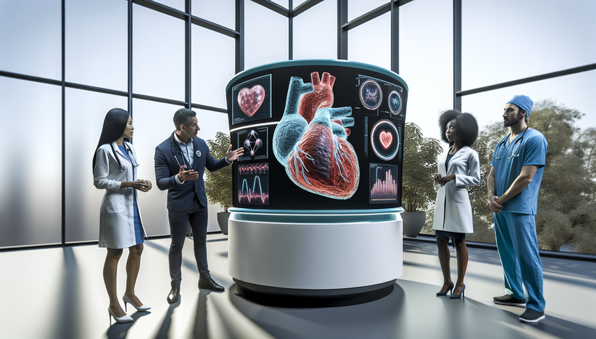 Un grupo diverso de profesionales de la salud, incluyendo un médico hispano, una enfermera afroamericana y una investigadora médica asiática, discuten frente a una pantalla digital que muestra un modelo 3D detallado de un corazón y datos de algoritmos de riesgo cardiovascular. La escena refleja un ambiente de innovación y trabajo en equipo en un entorno médico moderno, destacando la integración de la IA en la medicina preventiva.