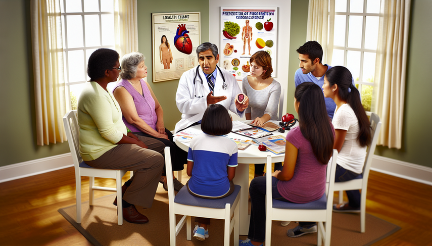 A welcoming medical office focused on the primary prevention of chronic diseases. A middle-aged Hispanic doctor in a white coat and stethoscope attentively discusses a health chart with a diverse group of patients. On the table, there are brochures and a model of a human heart. In the background, a poster displays a colorful diagram of healthy lifestyle choices. The scene conveys collaboration and proactive management of risk factors for better health outcomes.