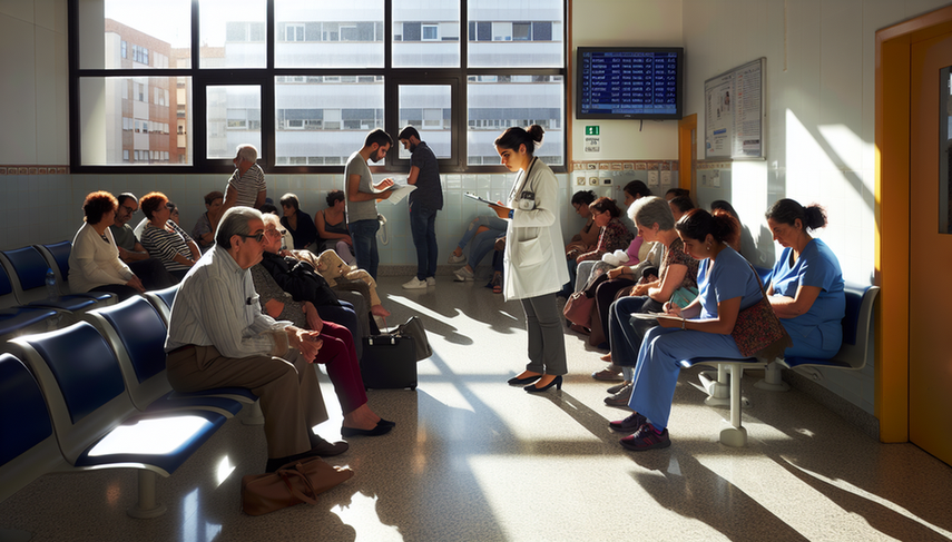 Sala de espera de hospital en España con pacientes diversos esperando su turno. Un médico español en bata blanca conversa con una enfermera de ascendencia hispana en uniforme azul. La atmósfera es calmada y organizada, reflejando un sistema de triage eficiente.