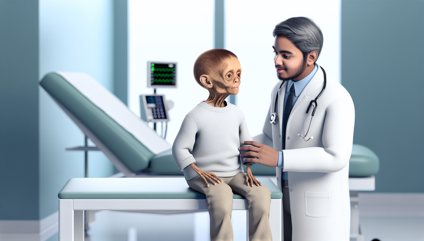 Un niño con Progeria, de ascendencia hispana, sentado en una sala de examen médico, siendo examinado por un médico hispano con expresión cálida. El niño presenta características típicas de Progeria, como un marco corporal pequeño y cabeza ligeramente más grande. El médico lleva una bata blanca y un estetoscopio. La sala es moderna y profesional, con equipo médico visible en el fondo.