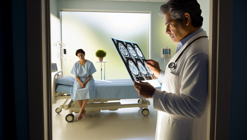 Un médico hispano de mediana edad revisa atentamente una resonancia magnética cerebral en una sala de hospital serena y bien iluminada. La imagen muestra un área destacada que indica un astrocitoma. En el fondo, una paciente hispana de unos 30 años, sentada en la cama del hospital, sostiene una planta en maceta, simbolizando esperanza y crecimiento.