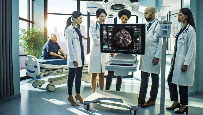 A diverse group of physicians, including a Hispanic oncologist, an Asian radiologist, and a Black data scientist, engage in a discussion in front of a digital screen displaying a 3D model of a tumor along with data and graphs from predictive algorithms. In the background, a Hispanic patient observes from a hospital bed. This scene embodies innovation and optimism in cancer prognosis, highlighting advanced technology and a warm environment, emphasizing the role of predictive algorithms in oncological survival and treatment personalization through cancer big data.