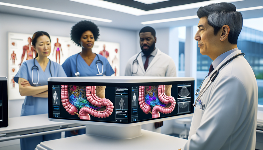 Un grupo diverso de profesionales de la salud en un hospital moderno, incluyendo un médico hispano, una enfermera negra y un investigador médico asiático, discuten frente a una pantalla digital interactiva que muestra un modelo 3D del colon humano. La pantalla destaca áreas relacionadas con el cáncer colorrectal, con etiquetas en español como 'factores pronósticos' y 'esperanza de vida'. La escena refleja un ambiente profesional y colaborativo, centrado en el avance del conocimiento médico y el cuidado del paciente.