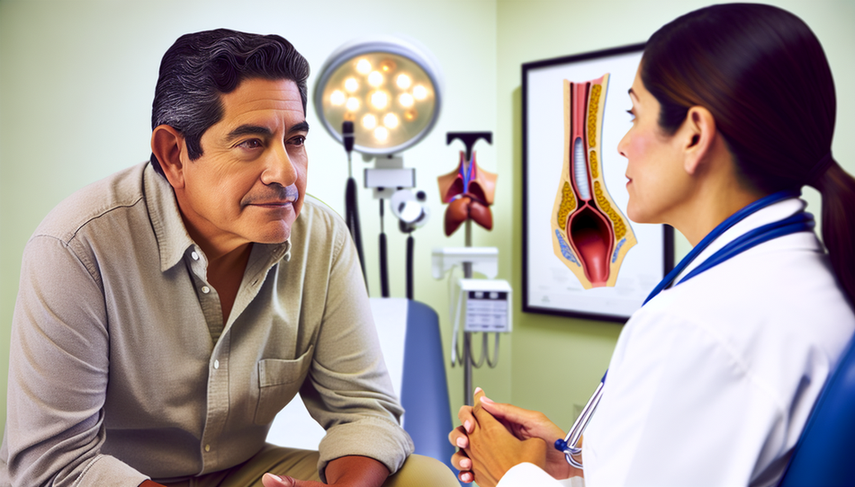 Hombre hispano de mediana edad en consulta médica, mostrando preocupación mientras escucha a una doctora hispana que le explica con expresión tranquilizadora. La doctora lleva bata blanca y estetoscopio, en un consultorio con modelos anatómicos de garganta, destacando la importancia de la comunicación en el pronóstico y tratamiento del cáncer de faringe.