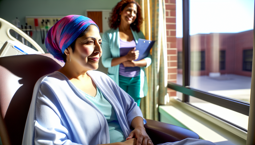 A middle-aged Hispanic woman with a colorful headscarf sits by a hospital window, gazing outside with a hopeful expression. Soft sunlight gently illuminates her face. Behind her, a reassuring Hispanic doctor smiles while holding a medical record. This scene conveys warmth, support, and optimism, reflecting the importance of understanding ovarian cancer prognosis, life expectancy, and survival factors in gynecological cancer.