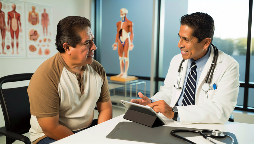 A middle-aged Hispanic patient discusses with a Hispanic doctor in a modern medical consultation. The doctor, wearing a white coat and stethoscope, uses a digital tablet to explain important information. The patient listens attentively, showing concern but also hope. This image reflects a supportive and understanding doctor-patient relationship, relevant to the prognosis and life expectancy of penile cancer, as well as the survival of genital tumors and their prognostic factors.