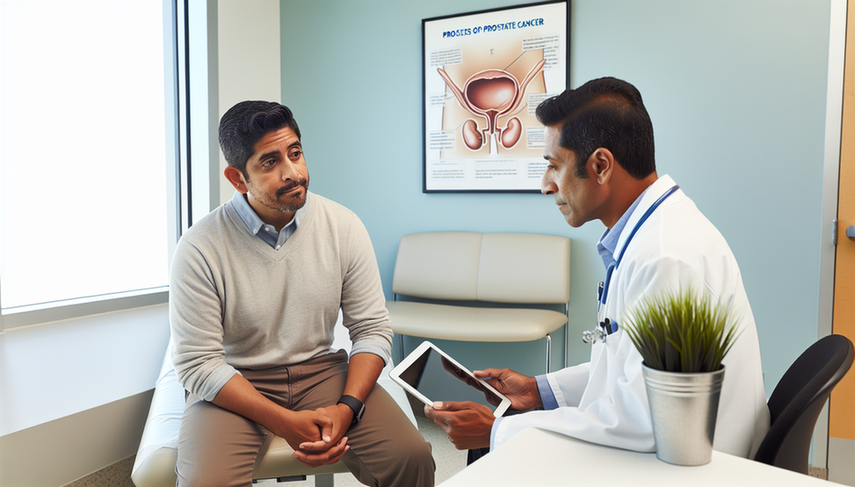 Paciente hispano de mediana edad en consulta médica, conversando con un doctor hispano sobre el cáncer de próstata. El doctor muestra un diagrama de la glándula prostática en una tableta digital. En la pared, un cartel ilustra las etapas del cáncer de próstata. La escena refleja una discusión seria sobre el pronóstico y la esperanza de vida en diferentes etapas del cáncer prostático.