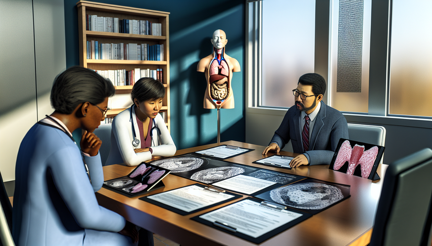 Un grupo diverso de profesionales de la salud, incluyendo una doctora hispana, un doctor asiático y una enfermera negra, discuten sobre el pronóstico del cáncer de tiroides y la esperanza de vida según subtipos histológicos, con imágenes de histología tiroidea en una tableta y modelos anatómicos de la glándula tiroides en el fondo.