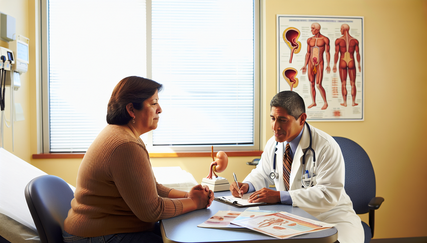 A middle-aged Hispanic physician in a white coat and stethoscope attentively explains a chart to a Hispanic female patient in her 50s in a hospital consultation room illuminated by natural light. On the desk, there are medical brochures and a model of the human bladder, while an anatomical poster of the urinary system is visible on the wall. The scene conveys trust and understanding in the context of a discussion about bladder cancer prognosis, life expectancy, and prognostic factors for bladder cancer.