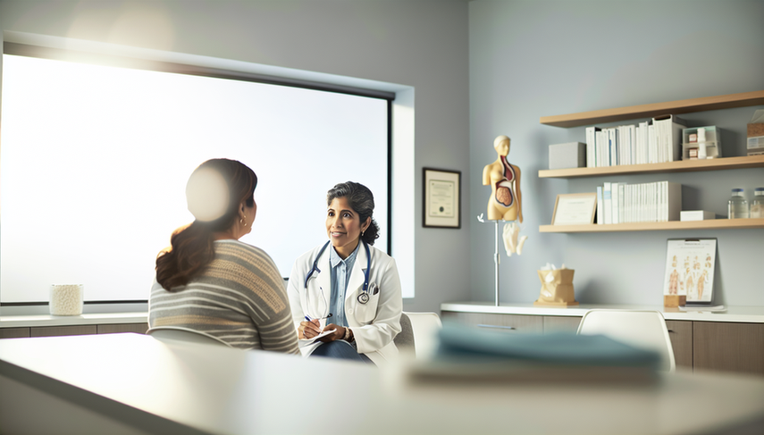 Medical consultation with a Hispanic female doctor in a white coat and stethoscope, discussing gynecological health with a Hispanic patient. Anatomical models and medical charts on the desk indicate a conversation about vulvar cancer prognosis and life expectancy. The setting is professional and welcoming, enhanced by natural lighting, emphasizing the importance of understanding vulvar prognostic factors and gynecological tumor survival.