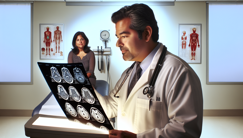 A middle-aged Hispanic doctor in a white coat and stethoscope carefully examines a brain MRI on a lightbox, focusing on the pituitary gland area. In the background, a Hispanic female patient in her 30s watches the doctor from an examination table. The image conveys professionalism and hope in the context of pituitary cancer prognosis, life expectancy of pituitary tumors, and survival rates for pituitary adenomas.