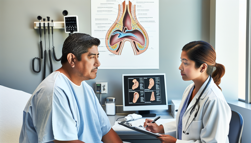 Middle-aged Hispanic patient in a medical examination room discussing with a Hispanic doctor. The doctor, wearing a white coat and stethoscope, takes notes while listening. An anatomical chart of the paranasal sinuses on the wall emphasizes the significance of prognosis and survival in nasal cavity cancer, highlighting key prognostic factors for sinus tumors.