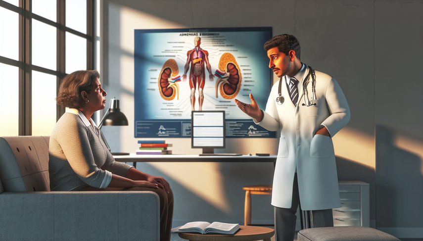A middle-aged Hispanic physician in a white coat and stethoscope explains a diagnosis to a Hispanic female patient in her 40s, pointing to an anatomical chart of the endocrine system that highlights the adrenal glands. The patient listens attentively in a well-lit medical consultation room, symbolizing a supportive doctor-patient relationship while emphasizing the importance of understanding adrenal cancer prognosis and survival of adrenal tumors.