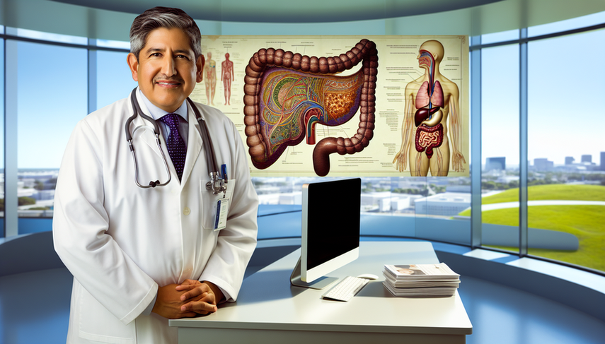 Middle-aged Hispanic doctor in a white coat and stethoscope, carefully examining an anatomical chart of the digestive system with a focus on the gallbladder, in a modern hospital office, highlighting gallbladder cancer prognosis and bile duct cancer survival.