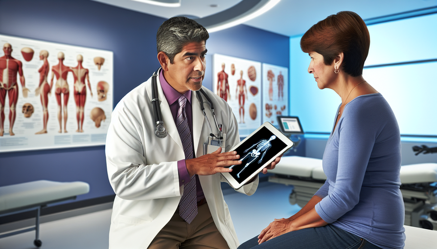 A middle-aged Hispanic physician in a white coat and stethoscope explains a diagnosis to a Hispanic female patient in her 40s, pointing to a 3D model of a human skeleton on a digital tablet, highlighting the cartilage areas. The patient listens attentively, showing understanding. The setting is professional and empathetic, emphasizing the importance of doctor-patient communication in understanding conditions such as chondrosarcoma, its prognosis, and factors affecting cartilage tumor life expectancy and bone sarcoma survival.