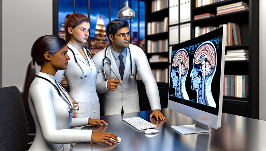 Image of a medical research laboratory featuring three Hispanic doctors discussing in front of a digital screen displaying a 3D model of the human brain, emphasizing the central nervous system. This professional and scientific setting highlights the study of ependymoma prognosis, life expectancy in CNS tumors, and neurological prognostic factors related to ependymoma survival.
