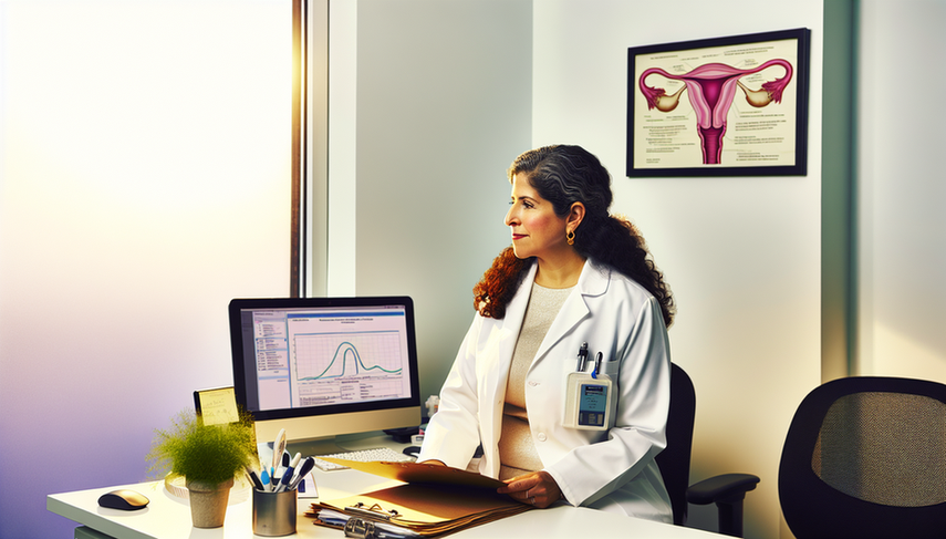 Ginecóloga hispana revisando un expediente médico en su oficina, con un diagrama anatómico del sistema reproductivo femenino en la pared y un monitor mostrando un gráfico sobre el pronóstico del cáncer cervical. La escena transmite profesionalismo y esperanza.