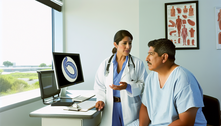 A middle-aged Hispanic man in a modern medical consultation, wearing a light blue hospital gown, attentively listens to a Hispanic female doctor explaining the prognosis of esophageal cancer while pointing to a diagram on a screen. The atmosphere is professional and hopeful, highlighting key aspects of esophageal cancer prognosis, life expectancy, and survival factors.