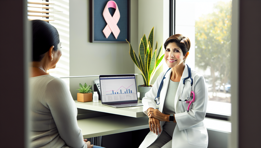 Escena en una oficina médica moderna con una doctora hispana de mediana edad, sonriendo y mostrando optimismo, mientras revisa un gráfico de tendencias ascendentes en su laptop. Frente a ella, una paciente hispana de unos 50 años escucha atentamente. La luz natural ilumina la habitación, que está decorada con plantas y un póster de un lazo rosa, símbolo de la concienciación sobre el cáncer de mama. La imagen transmite profesionalismo, empatía y esperanza en el contexto del pronóstico y la supervivencia del cáncer de mama.
