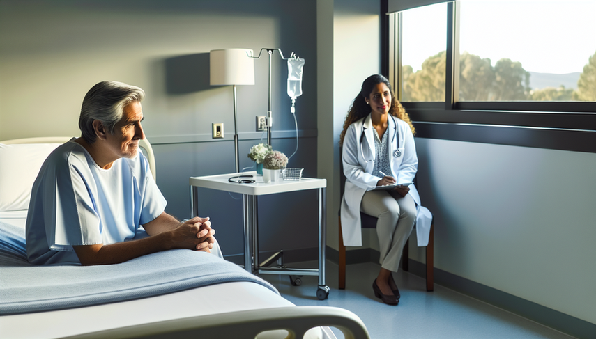 A middle-aged Hispanic patient with a thoughtful expression sits on a hospital bed, gazing out of a large window that lets in natural light. Beside him, a Hispanic doctor in a white coat holds a clipboard and smiles kindly, conveying support and reassurance. The scene reflects an atmosphere of calm and hope in the context of renal cell carcinoma prognosis, kidney cancer life expectancy, and survival factors.