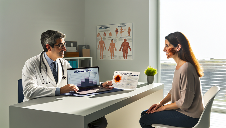Middle-aged Hispanic doctor in a modern medical office, explaining melanoma stages and survival rates to a Hispanic female patient in her 40s, with a chart on his laptop and a brochure titled 'Melanoma: Prognosis and Life Expectancy.' The scene conveys a professional and hopeful atmosphere, highlighting melanoma prognostic factors and skin cancer survival.