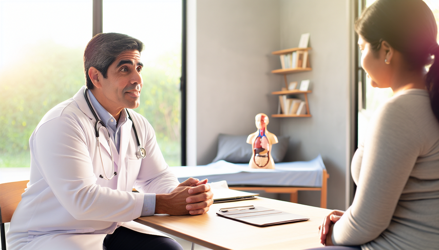 Consultorio hospitalario sereno con iluminación natural. Un médico hispano de mediana edad, con expresión amable, explica un gráfico médico a una paciente hispana en sus 40 años. En el escritorio hay libros médicos, una laptop y un modelo de torso humano. Al fondo, una ventana muestra un jardín soleado, transmitiendo esperanza y tranquilidad.