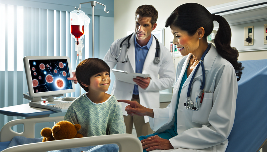 A diverse group of healthcare professionals in a modern hospital. In the foreground, a Hispanic female doctor reviews a medical record, while an Asian male doctor points to a digital screen displaying a blood cell diagram, symbolizing acute lymphoblastic leukemia. In the background, a Caucasian nurse interacts with a young patient, creating an atmosphere of care and professionalism. The image conveys hope and collaboration in the treatment of acute leukemia, highlighting the importance of understanding ALL prognostic factors for improving life expectancy and survival rates.