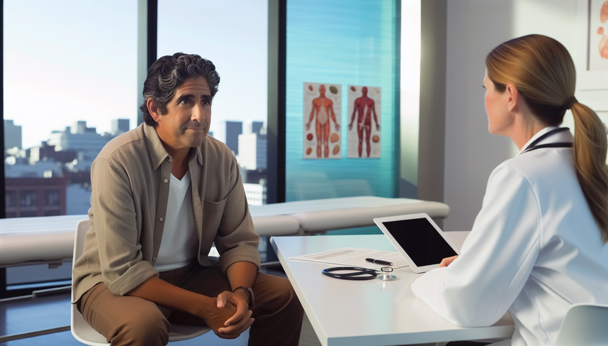 Paciente hispano de mediana edad en consulta médica moderna, conversando con doctora caucásica sobre leucemia mieloide crónica. Ambos están enfocados en un pronóstico esperanzador, con gráficos médicos y un modelo celular en la mesa. La escena refleja un ambiente profesional y empático.