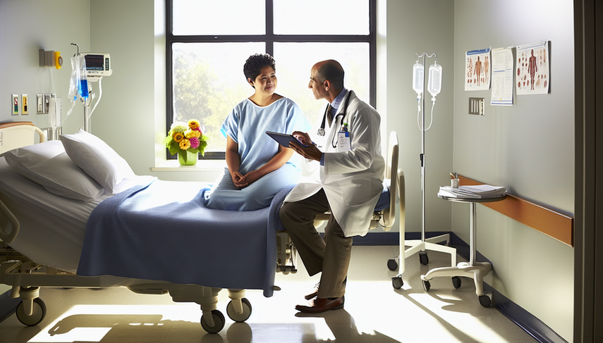 Un médico hispano de unos 40 años, con bata blanca y estetoscopio, explica con calma a una paciente hispana de unos 30 años, sentada en una cama de hospital, sobre el linfoma de Hodgkin. El médico sostiene una tableta con gráficos médicos, mientras la paciente escucha atentamente. La interacción refleja esperanza y comprensión en el contexto del pronóstico y factores de riesgo del linfoma de Hodgkin.