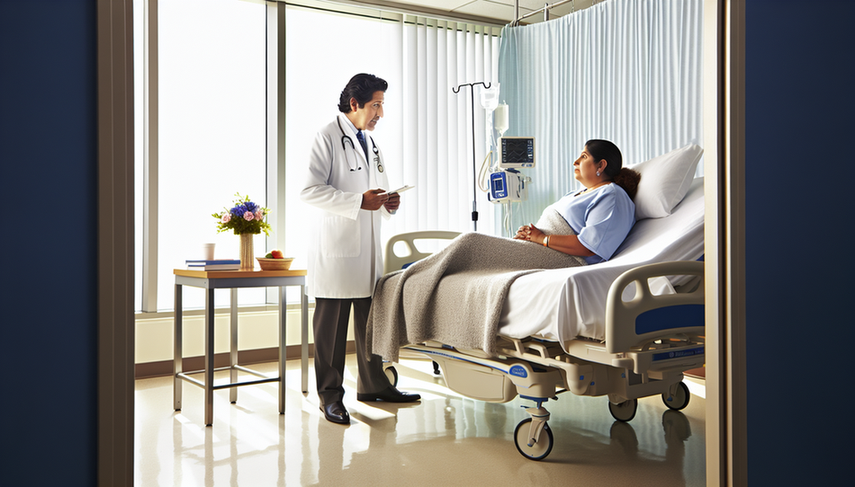 A middle-aged Hispanic doctor in a white coat and stethoscope calmly explains to a Hispanic patient in a naturally lit hospital room. The patient, sitting on the bed, listens attentively and with hope. The scene conveys an atmosphere of care and optimism, relevant to the prognosis and life expectancy of non-Hodgkin lymphoma, highlighting important hematologic-oncological prognostic factors.