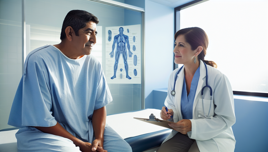 Un hombre hispano de mediana edad, vestido con una bata de hospital azul claro, escucha atentamente a una doctora hispana en su consultorio. La doctora, con una expresión amable, sostiene un portapapeles mientras explica algo. El consultorio es moderno y limpio, con un ambiente profesional y compasivo. En la pared, se ve un diagrama del sistema respiratorio humano.
