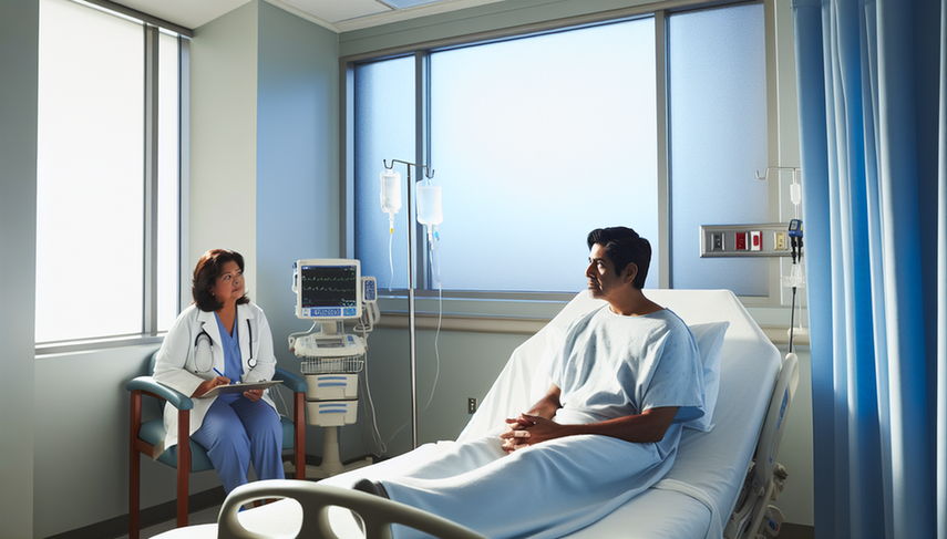 A middle-aged Hispanic patient sitting on the edge of a hospital bed gazes out the window with a calm determination. A Hispanic female doctor in a white coat stands beside him, warmly explaining something. The scene illustrates the doctor-patient relationship in the context of multiple myeloma prognosis and life expectancy, highlighting the importance of understanding plasma cell neoplasms survival and bone marrow prognostic factors.