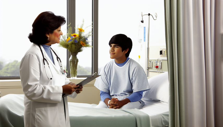 A hopeful 15-year-old Hispanic patient sitting on a hospital bed attentively listens to a Hispanic doctor explaining his osteosarcoma treatment. The room is filled with natural light, creating a warm and optimistic atmosphere, reflecting the importance of understanding osteosarcoma prognosis and bone tumor life expectancy for improved bone sarcoma survival.