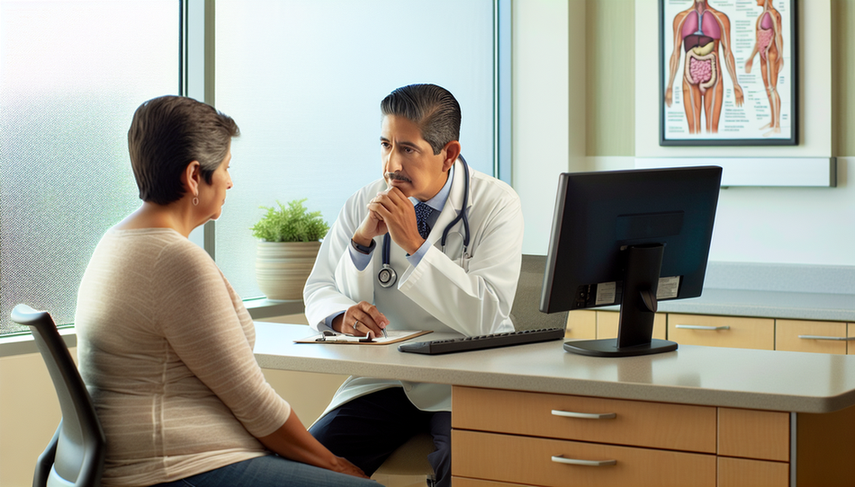 A middle-aged Hispanic doctor carefully reviews the medical history of a Hispanic female patient in her 50s in a well-lit hospital consultation room. The computer monitor displays a graph related to anal cancer prognosis, survival rates, and prognostic factors for anal tumors, although the details are blurred. This interaction reflects a professional and empathetic environment, highlighting the importance of doctor-patient communication in clinical decision-making regarding anal cancer life expectancy.