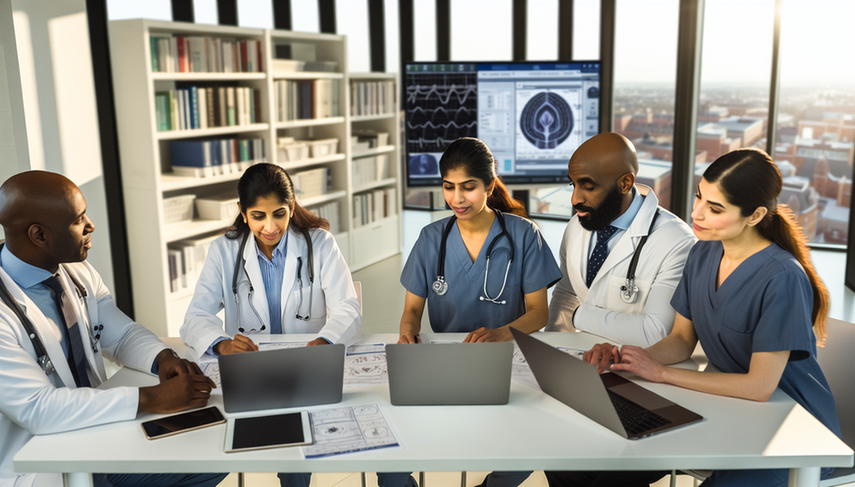 A diverse group of medical professionals gathers around a conference table in a modern hospital, seriously discussing gastric cancer prognosis. A middle-aged Hispanic physician points to a chart illustrating the stages of stomach cancer, while others examine an anatomical model of the stomach. The atmosphere is collaborative, focused on improving gastric cancer survival and understanding prognostic factors for stomach cancer.