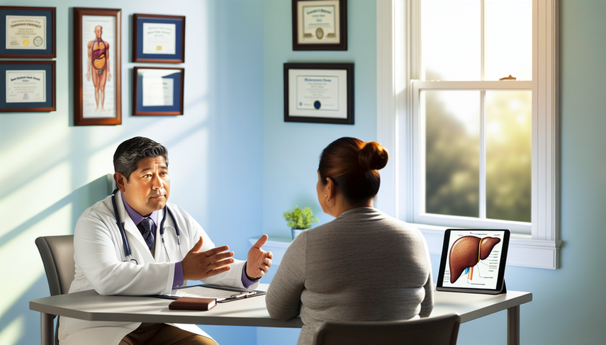 A middle-aged Hispanic doctor in a white coat and stethoscope explains an anatomical diagram of the liver on a tablet to a Hispanic female patient in her 40s. The patient listens attentively, showing understanding. The scene reflects professional and compassionate communication about liver cancer prognosis, hepatocellular carcinoma life expectancy, and liver cancer survival.