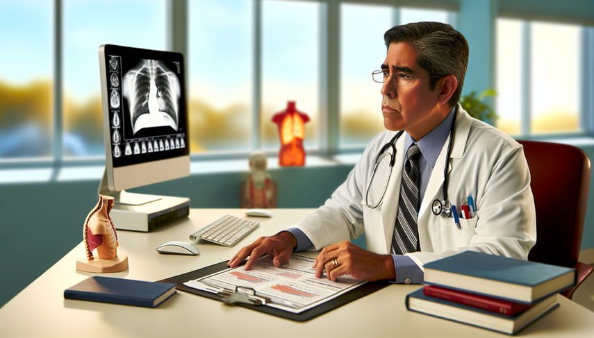 Image of a middle-aged Hispanic physician in a hospital office, intently reviewing a chart on small cell lung cancer prognosis, survival rates, and prognostic factors. Dressed in a white coat with a stethoscope, a lung scan is displayed on the computer screen, and a lung model is on the desk, reflecting expertise and dedication to the study of SCLC life expectancy and lung cancer survival.
