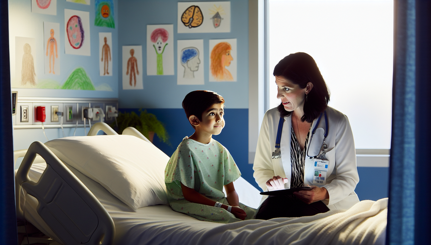 A Hispanic female doctor in her 40s, wearing a white coat, shows a brain MRI image on a tablet to an 8-year-old Hispanic boy in a hospital bed. The interaction conveys trust and optimism in a warm and welcoming hospital environment, highlighting the importance of understanding medulloblastoma prognosis and childhood brain tumor life expectancy.