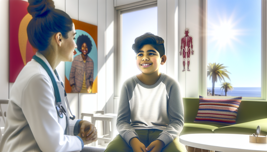 A Hispanic boy of approximately 10 years smiles in a pediatric oncology clinic, accompanied by a Hispanic doctor who speaks to him with empathy. The image reflects a warm and hopeful environment, highlighting compassionate care in the treatment of Ewing sarcoma, emphasizing prognosis, survival, and key prognostic factors for childhood bone tumors.