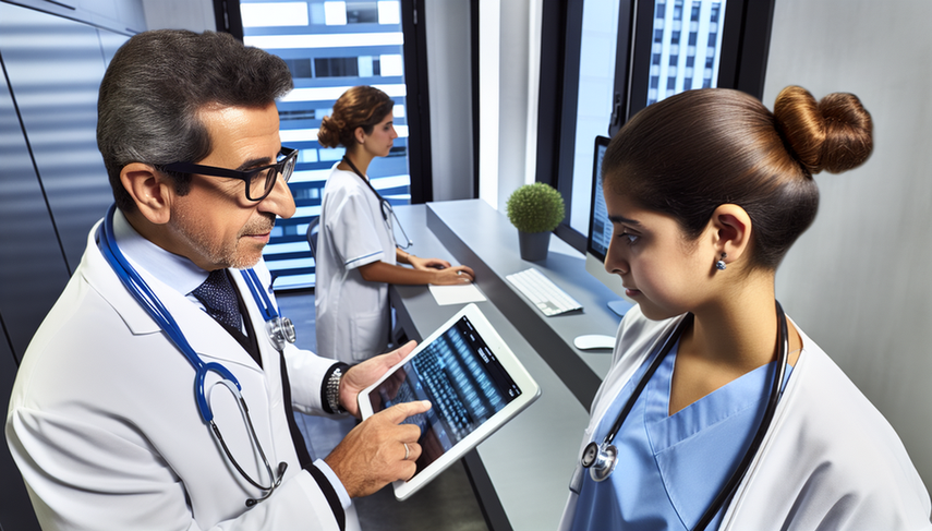 Oficina médica moderna en España con profesionales de la salud discutiendo sobre la gestión de datos clínicos. Un médico hispano de mediana edad sostiene una tableta digital con un registro de salud electrónico desenfocado, mientras una enfermera joven observa. En el fondo, una doctora caucásica escribe en un ordenador. El entorno resalta la importancia de la protección de datos y la confidencialidad en la práctica clínica.