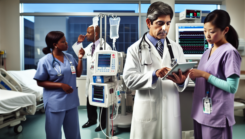 Diverse medical team in a modern hospital focused on sepsis care. A Hispanic doctor reviews a chart on a tablet while a nurse adjusts an intravenous drip. In the background, two doctors discuss treatment options in front of a digital screen displaying vital signs and current sepsis protocols. The scene reflects professionalism and teamwork in the rapid diagnosis and effective management of sepsis, including blood cultures, fluid management, and antibiotics.