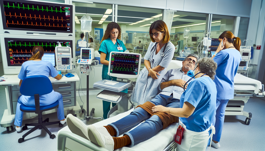 En una sala de urgencias de un hospital moderno en España, un equipo médico atiende a un hombre hispano de mediana edad con dolor torácico, mientras otro equipo evalúa a una mujer hispana anciana por síntomas de ictus. El hombre está sentado en una cama con una enfermera tomando su presión arterial y un médico revisando su ECG. La mujer está en una camilla, con un médico realizando una evaluación neurológica. El ambiente es profesional y enfocado, con equipos médicos visibles en el fondo.